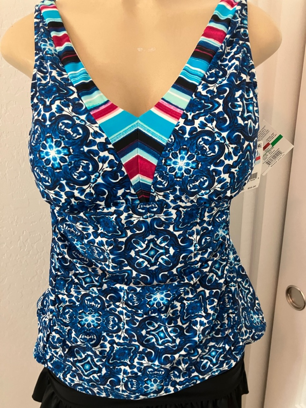 24th & Ocean Blue Patterned V-Neck Swim Coverup with Multicolor Striped Trim